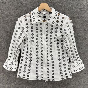Zowy Blouse Women 4 White Polka Dot Embroidered Full Zip Collared Long Sleeve